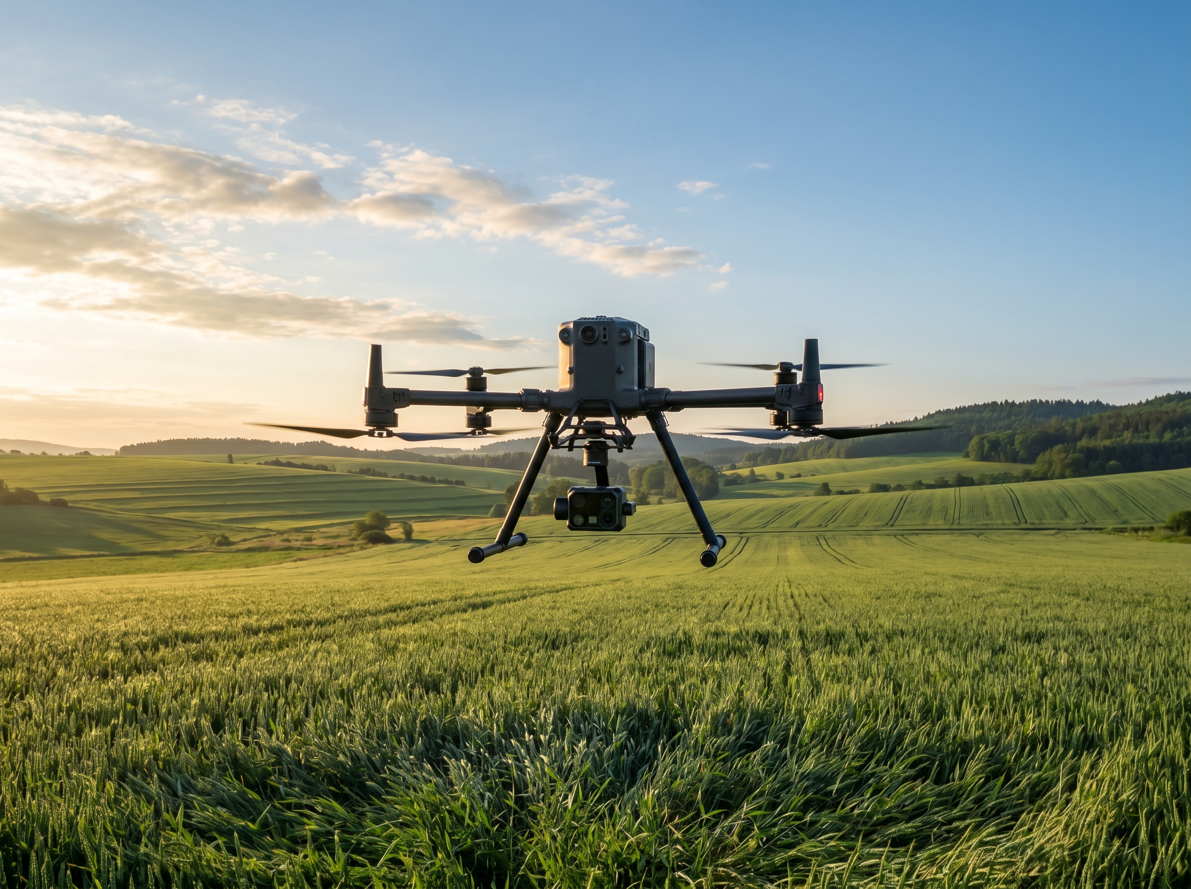 Profesionální zemědělský dron s multispektrální kamerou při průzkumu pole za rozbřesku